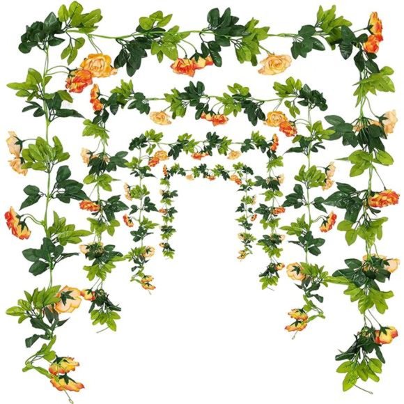 Artificial Rose Vines Flowers Garland Hanging Silk Rose Vine Wedding, Sunset Red - Picture 4 of 6